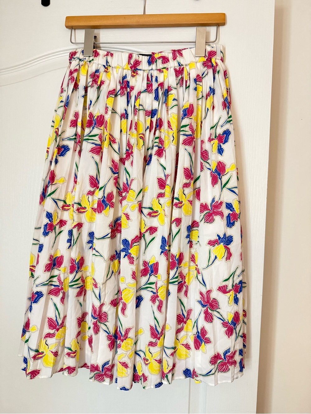 Banana Republic White Midi Skirt with Pink, Yellow & Blue Floral Print
